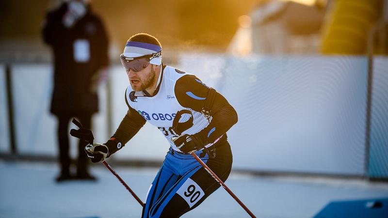 A male cross-country skier in a competition 