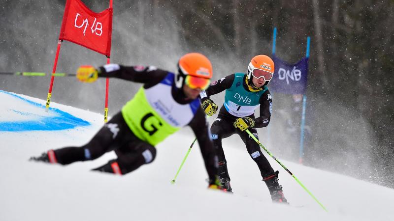 A male Para alpine skier skiing behind his guide in a slalom event