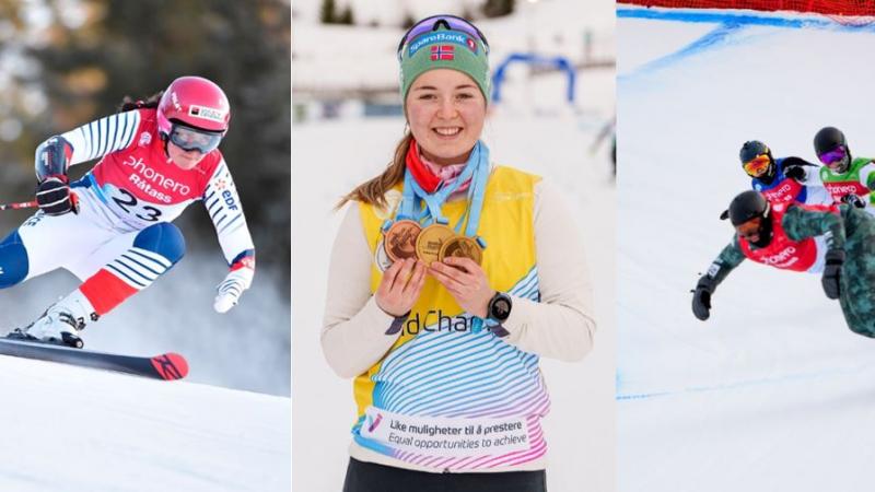 A collage with a female skier in a competition, a woman showing her medals and three male snowboarders