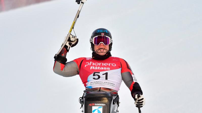 A male sit-skier celebrating in the snow