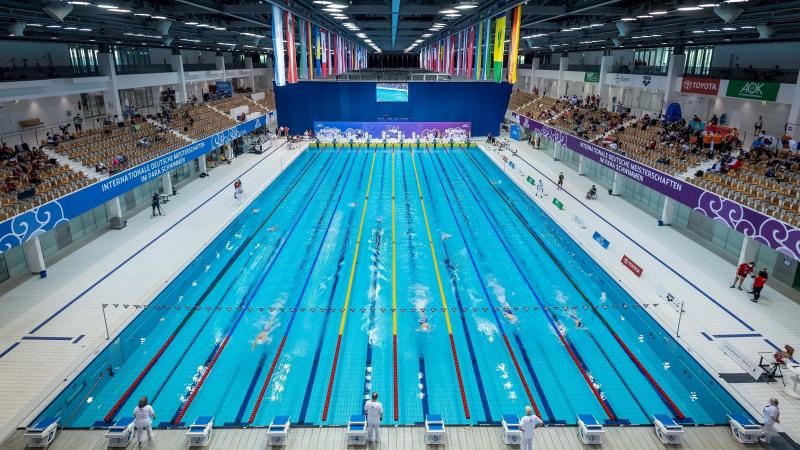 The view of a swimming pool complex with a swimming competition