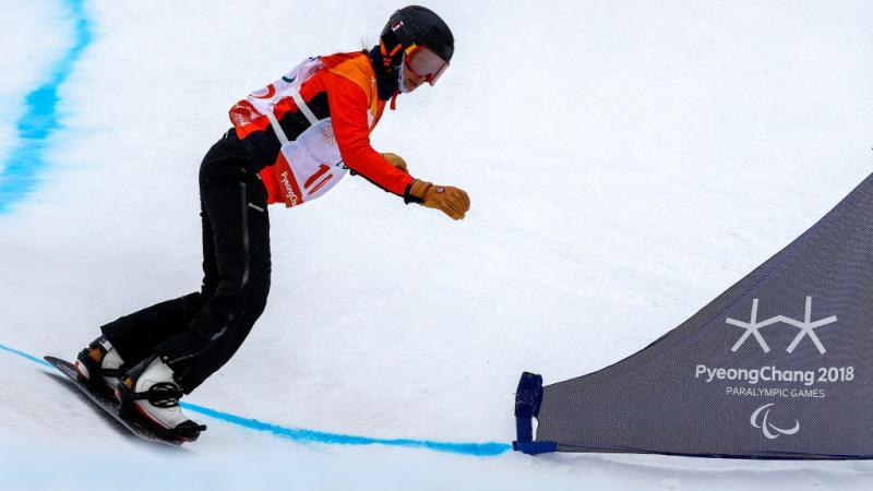 Bibian Mentel-Spee of Netherlands competes in the women's Banked Slalom SB-LL2 at the PyeongChang 2018 Paralympic Games.