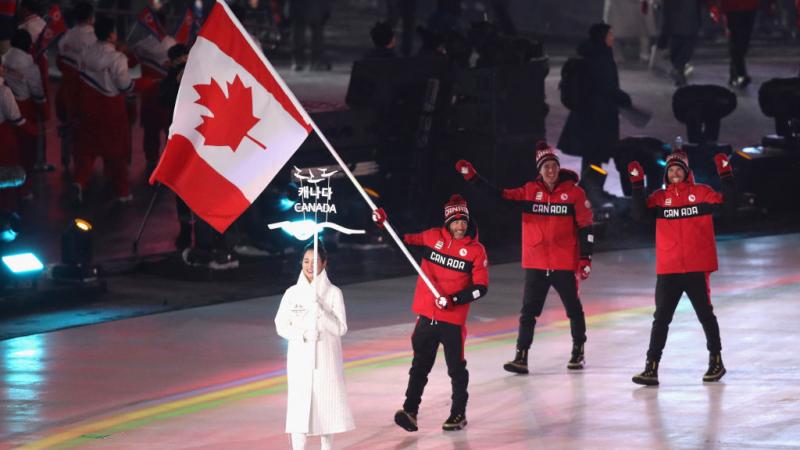 Canada's Brian McKeever leads his contingent at the Opening Ceremony of the 2018 PyeongCheong Paralympic Winter Games.