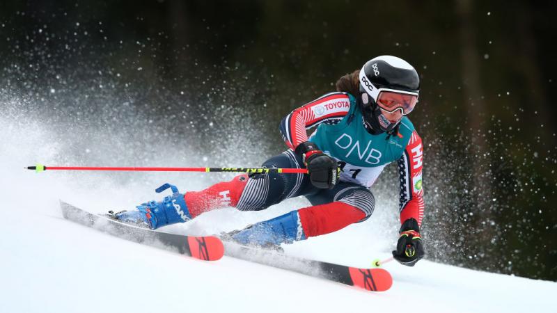 Jesse Keefe of USA competes in the men's Standing Giant Slalom race during the World Para Snow Sports Championships at Lillehammer, Norway. 