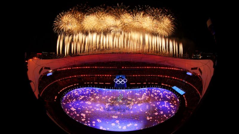 A firework display inside the stadium during the Beijing 2022 Winter Olympics Closing Ceremony. 