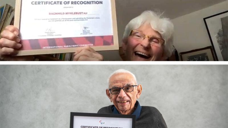 Ragnhild Myklebust and Kevin Coombs OAM holding the certificates as the first two recipients for the PLY initials