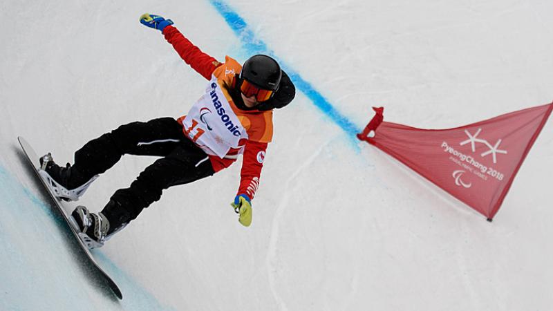 Para Snowboarder Sandrine Hamel in action at PyeongChang 2018