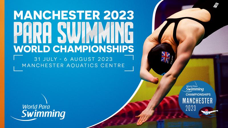 A banner with a female Para swimmer and the announcement of the Manchester 2023 Para Swimming World Championships