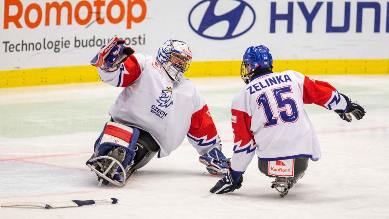 A goalie and a player sliding towards each other on the ice for a hug 