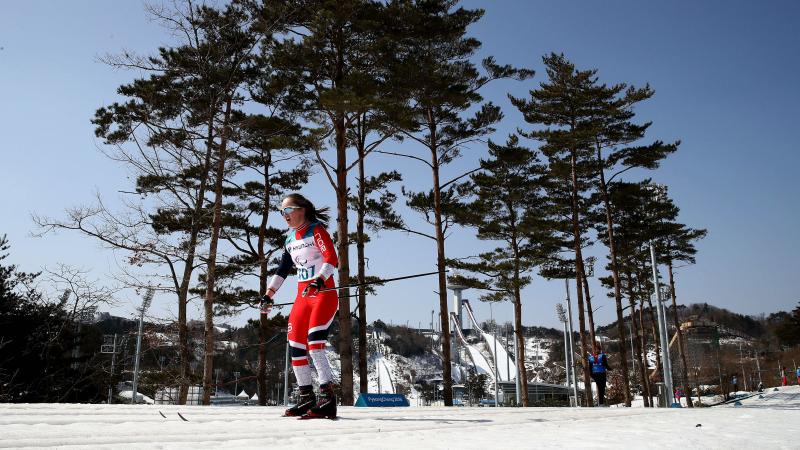 A woman in a cross-country race with goggles on her head during a sunny day. Trees are in the background with the clear and blue sky.