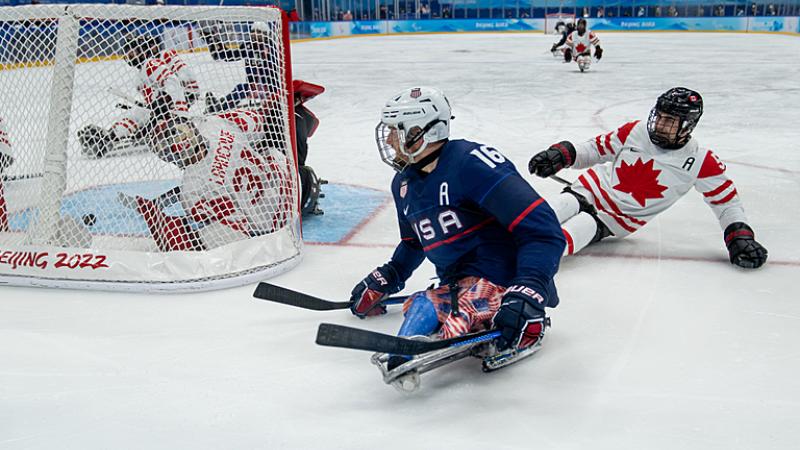 Declan Farmer USA shoots during the Para Ice Hockey Gold Medal Game between United States and Canada