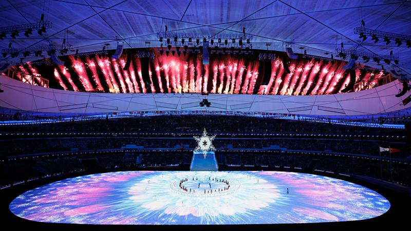 Fireworks can be seen from the inside surrounding the Birds Nest Stadium 