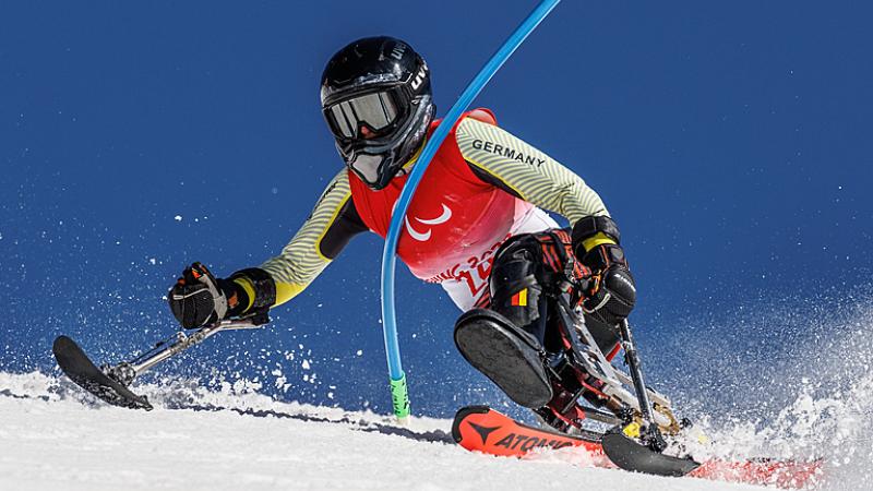 Anna Lena Forster hits a gate during the slalom of the super combined at Beijing 2022