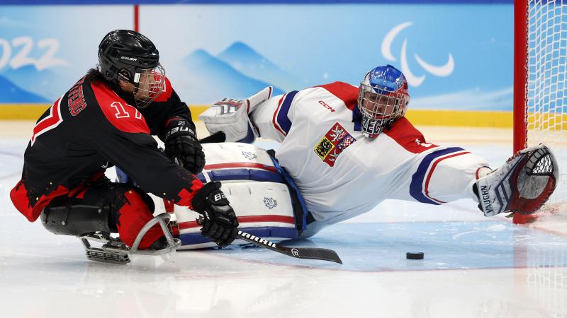 A Para ice hockey player in full gear kicks the puck with a stick past the goalie who throws himself on the ice.