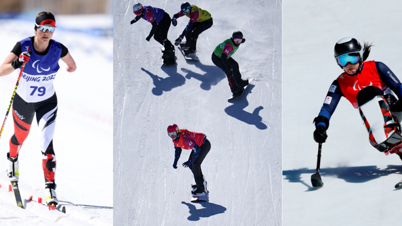 A photo collage with a female cross-country skier, four male snowboarders and a female sit-skier