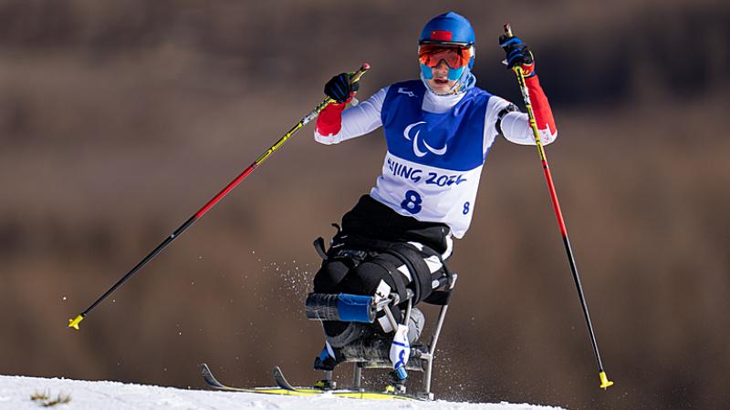 Yilin Shan of China competes in the women's Sprint Sitting Para Biathlon in the Beijing 2022 Paralympic Winter Games at at the Zhangjiakou National Biathlon Centre.
