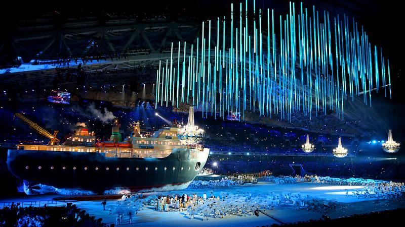 A giant ice breaker ship enters the arena of the Opening Ceremony of the Sochi 2014 Paralympic Winter Games.