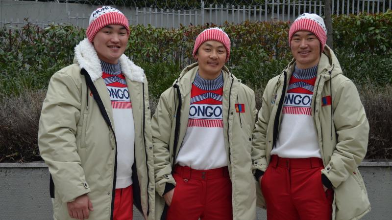 Team Mongolia comprising Tsegmid Dahsdorj, Ganbold Batmunkh and Tserenpuntsag Byambadorj at the Beijing 2022 Paralympic Winter Games.