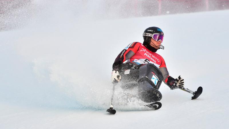 A man in a sit ski sliding into the snow.