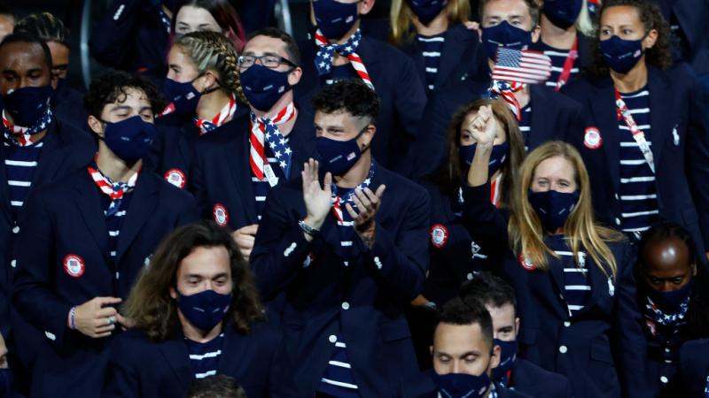 Athletes from Team USA take part in the parade of athletes during the Opening Ceremony of the Tokyo 2020 Paralympic Games.
