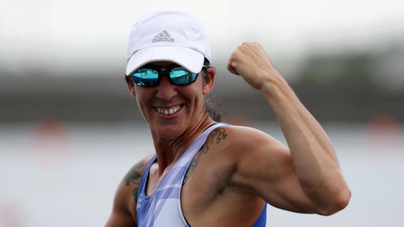 Moran Samuel pumps her fist after winning a silver medal in the PR1 women's single sculls final.