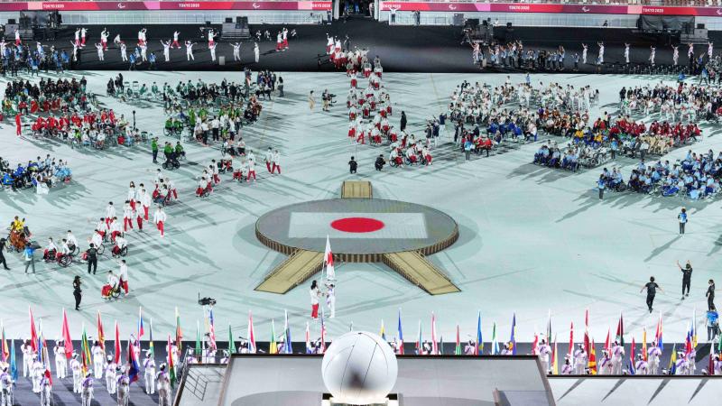 General view during the athletes parade as the Japan Paralympic Team is announced at the Opening Ceremony of the Tokyo 2020 Paralympic Games.