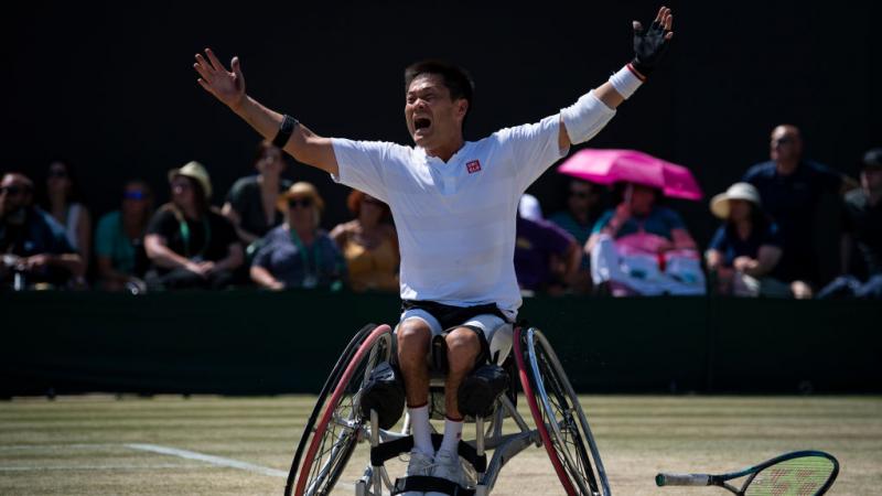 Shingo Kunieda of Japan celebrates winning match point against Great Britain’s Alfie Hewett in the Wimbledon 2022 men's singles final in London.