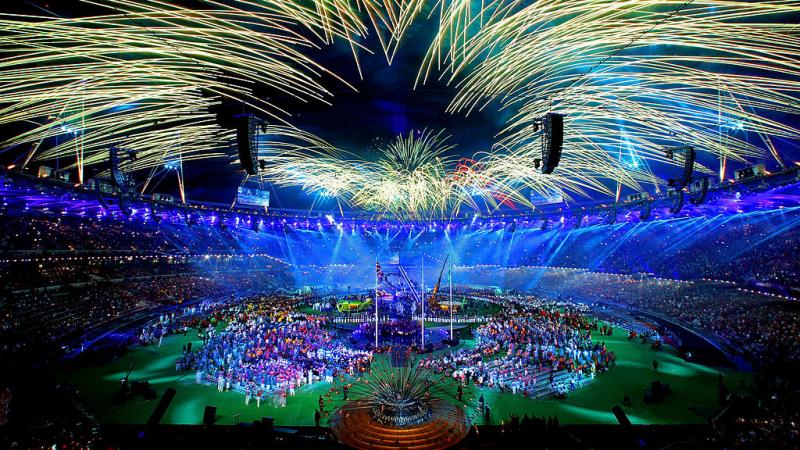 Fireworks light up the night sky above the Olympic Stadium at the London 2012 Closing Ceremony.