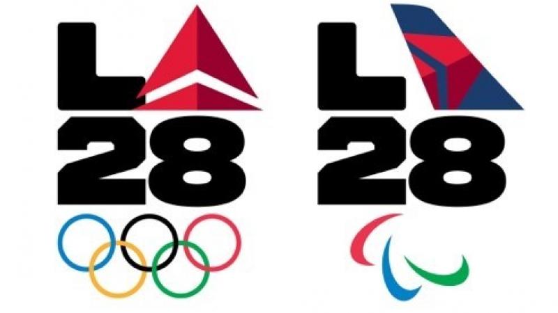 Emblems of the LA28 Olympic and Paralympic Games integrated with the logos of Delta Air Lines