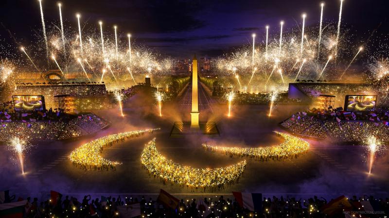 A mock-up image of a pyro show in which people standing in the formation of an Agitos sign hold up lights in the Place de la Concorde.