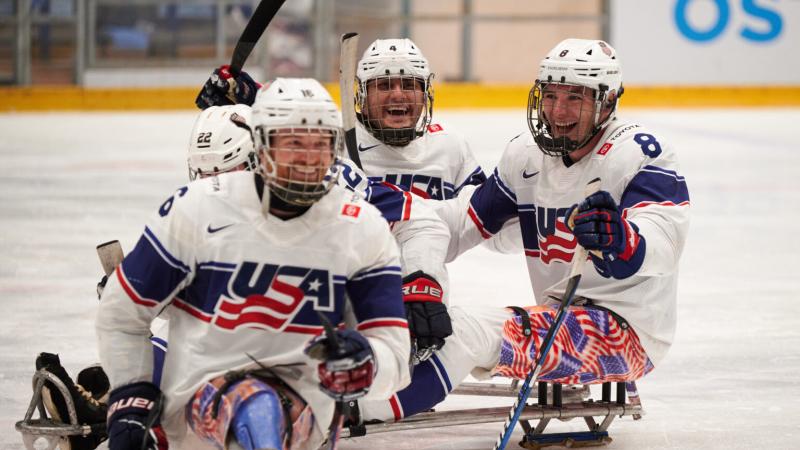 USA players celebrate their triumph in Ostrava as they beat Canada in the final of the International Para Hockey Cup.