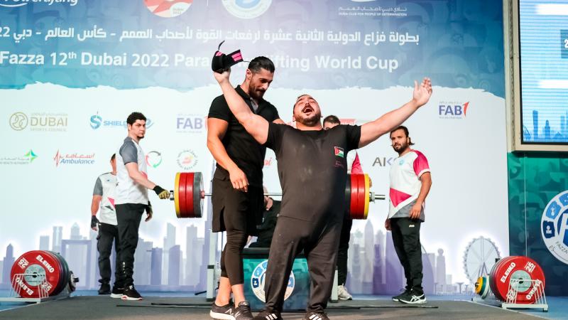 Jordan's Abdelkareem Khattab reacts after breaking the world record three times at the Dubai Club for People of Determination.