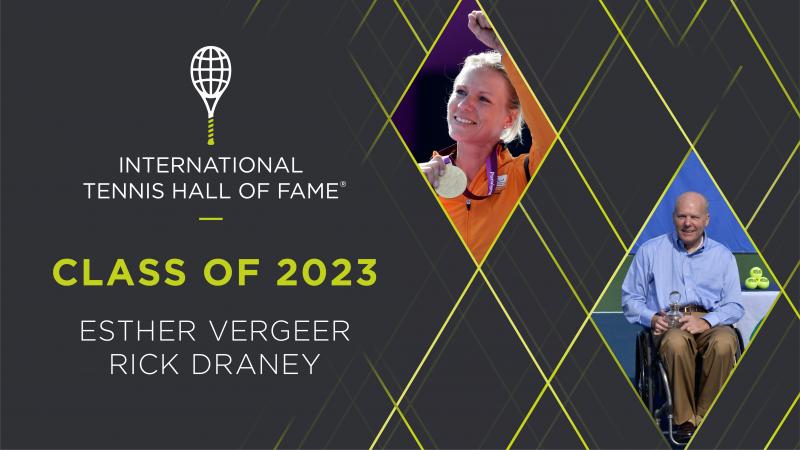 A graphic image featuring photos of Esther Vergeer and Rick Draney next to the words "Class of 2023".