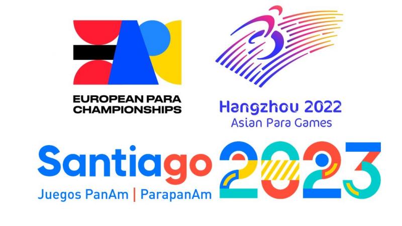 The logos of the 2023 European Para Championships, Asian Para Games and Parapan Am Games
