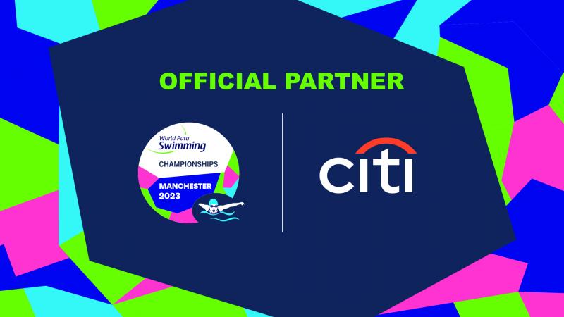 A banner of the Manchester 2023 Para Swimming World Championships and its sponsor Citi