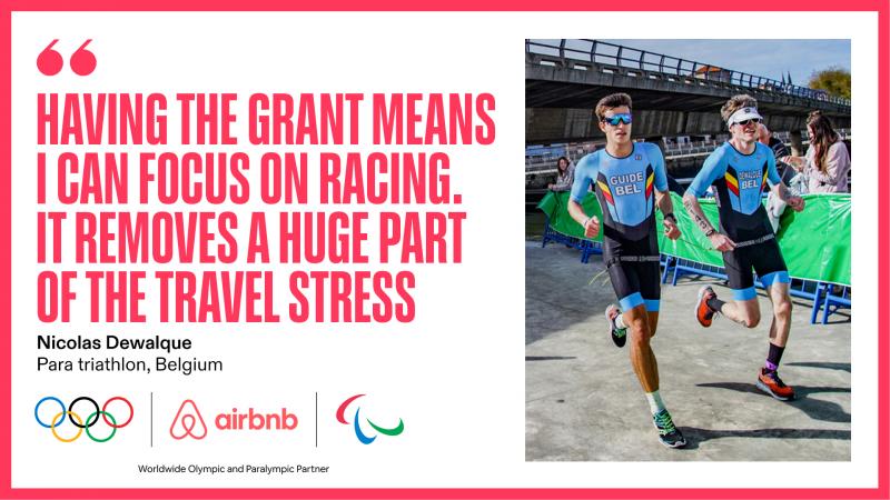 An image of a male runner and his guide runner competing, next to the graphics that say "Having the grant means I can focus on racing. It removes a huge part of the travel stress"