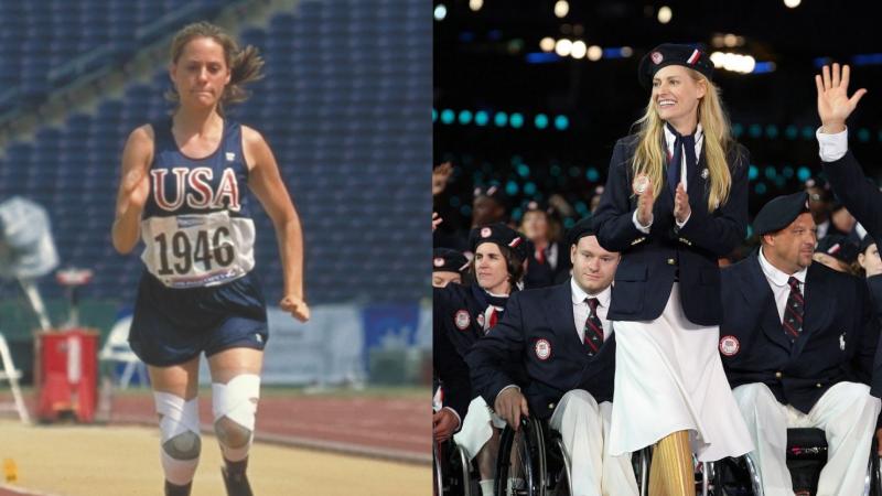 A collaged photo of a female athlete competing at the Atlanta 1996 Games and leading the US delegation at the Opening Ceremony of the London 2012 Paralympic Games. 