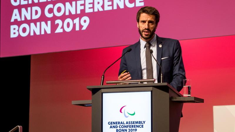 Paris 2024 President Tony Estanguet speaks at the 2019 IPC General Assembly