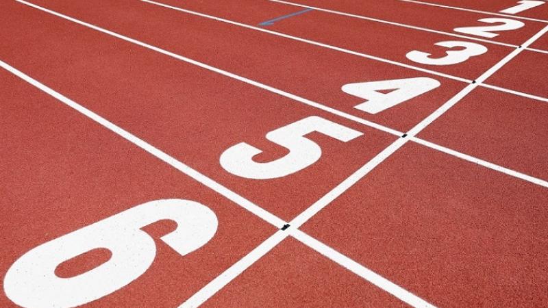 A finishing line in an athletics track