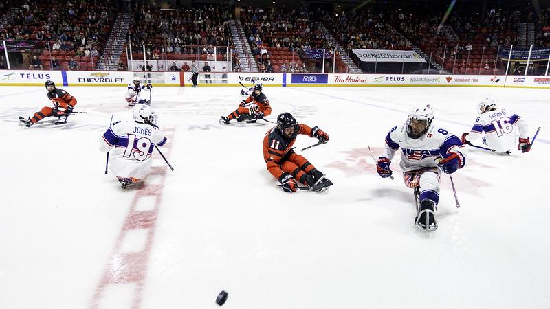 USA and Canada playing in a Para ice hockey game