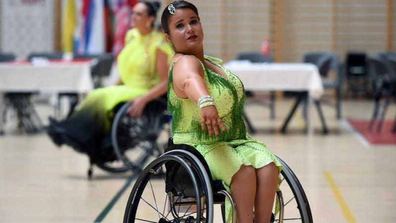 A female wheelchair dancer in a Para dance sport competition