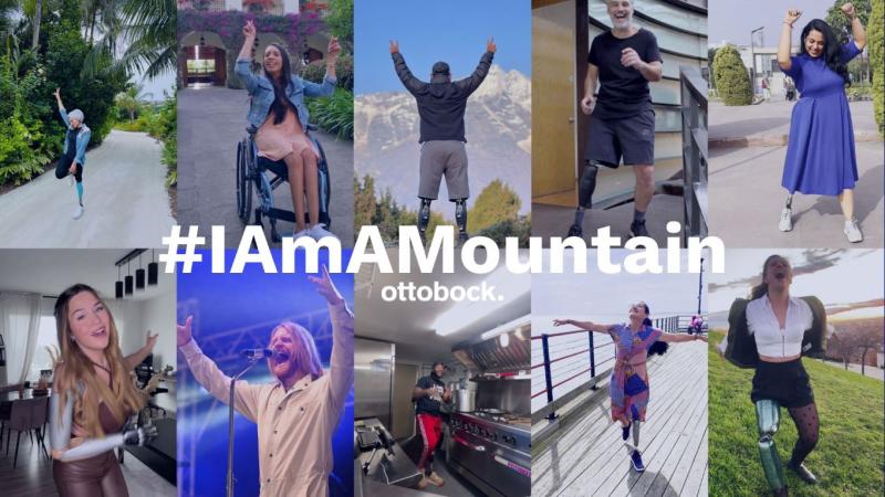 A logo of Ottobock's I am A Mountain campaign. The logo shows nine people with prosthetics posing and a male singer.