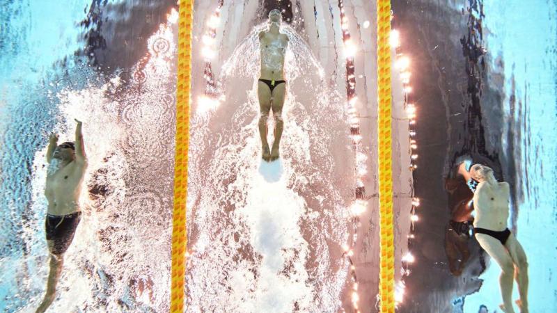 Three male athletes swim in a pool