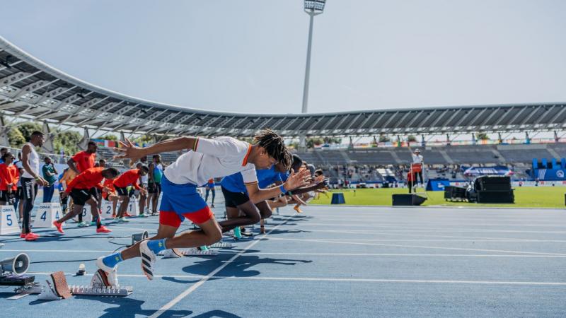 Male runners on the startline at Paris 23 Para Athletics World Championships