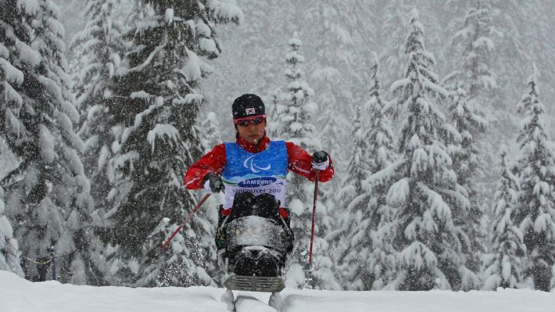 A female sit-skier competes at the Vancouver 2010 Paralympic Winter Games