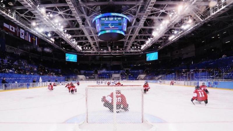 Canadian players warm up prior to the Ice Sledge Hockey Play-off semi final between Canada and the United States of America at the Sochi 2014 Winter Paralympic Games.