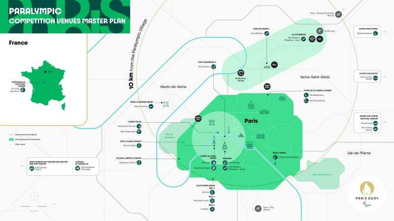 A map of where Paralympic venues are located in Paris and its surroundings.