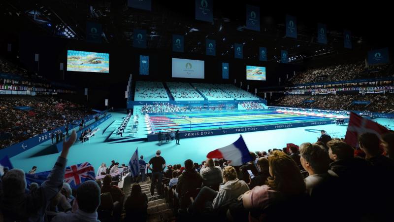 a wide shot of a swimming pool surrounded by spectators