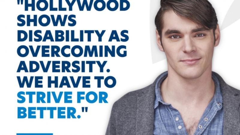 Branded graphic of man with quote saying "Hollywood shows disability as overcoming adversity. We have to strive for better."