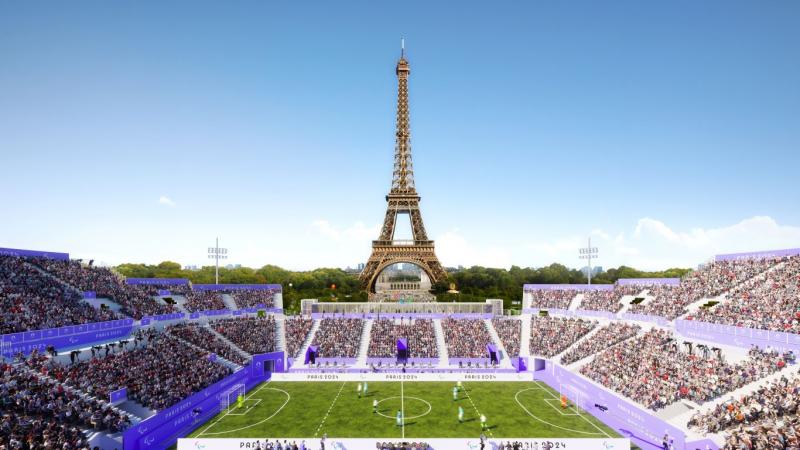 A graphic of a football pitch located at the foot of the Eiffel Tower.